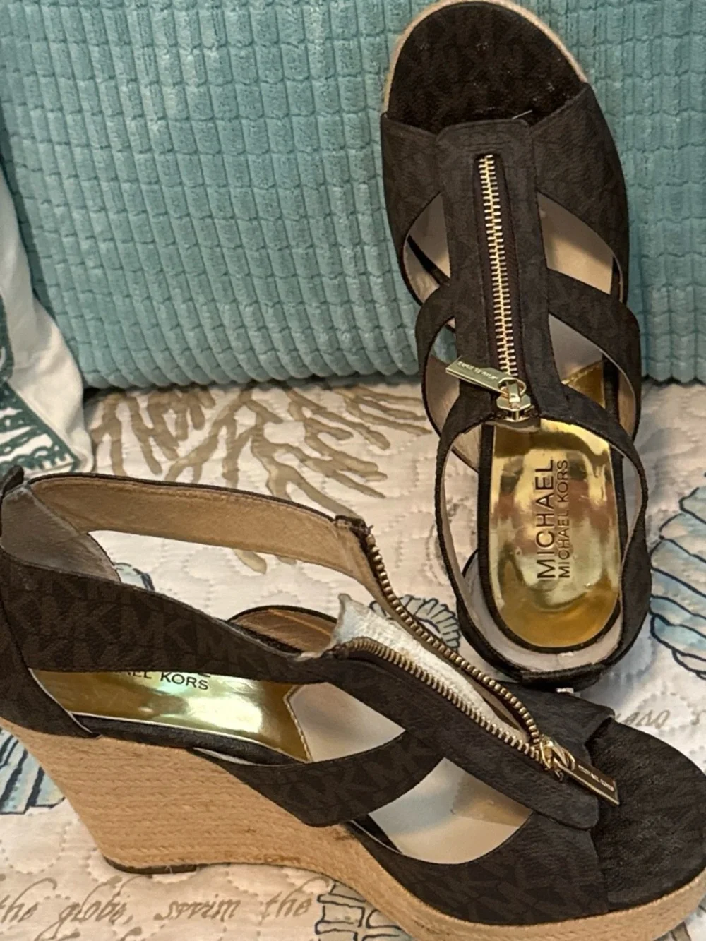 Michael Kors Brown Logo Wedge Sandals with Gold Zip Accent